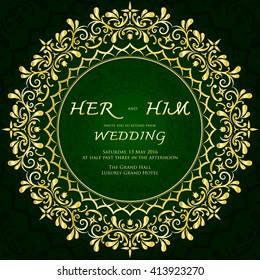 Vintage Wedding invitation card with abstract background. Golden on Green