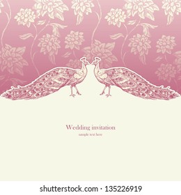 Vintage wedding invitation card, antique background, luxury greeting card, beautiful ornamental page cover with peacocks, floral elegant design