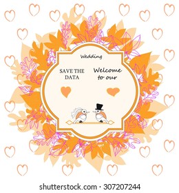 Vintage wedding invitation card with birds.  Hearts  and leaf on background, vector / illustration