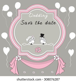 Vintage wedding invitation card with birds. Hearts and balloons on background, vector / illustration