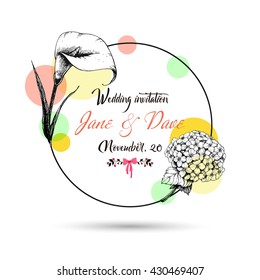 Vintage wedding invitation card with hand drawn flowers calla, and hydrangea. Vector EPS 10.