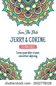 Vintage Wedding Invitation Card With Mandala Design Template, Save The Date