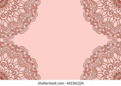 Vintage Wedding Invitation card with Mandala ornament. Vector illustration. Frame with floral elements. Beige color