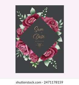 vintage wedding invitation card set with maroon roses watercolor