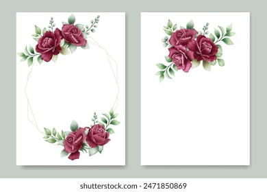 vintage wedding invitation card set with maroon roses watercolor