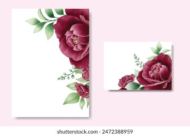 vintage wedding invitation card set with maroon roses watercolor