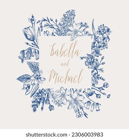 Vintage wedding invitation card with square frame and summer flowers. Gravure style. Vector.