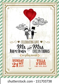 vintage wedding invitation card template with boy and girl holding balloons vector/illustration