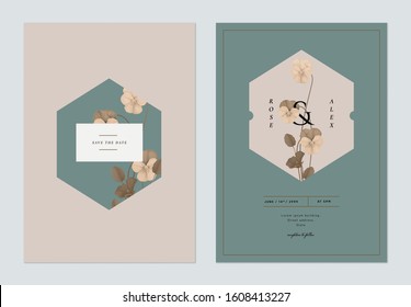 Vintage wedding invitation card template design, pansy flowers with leaves in blue and brown theme