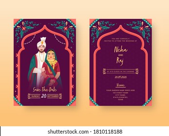 Vintage Wedding Invitation Card or Template Layout with Indian Couple Character in Front and Back View.