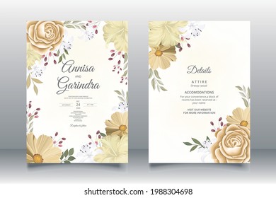 vintage wedding invitation card template set with beautiful  floral leaves Premium Vector