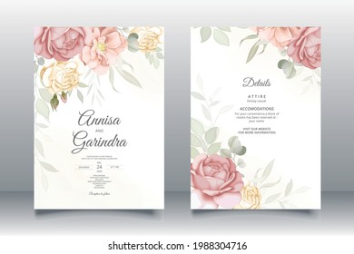vintage wedding invitation card template set with beautiful  floral leaves Premium Vector