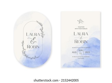 Vintage wedding invitation card template with blue watercolor stain. Double arch elegant shape