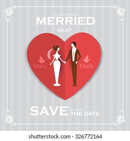 Vintage wedding invitation card template with groom and bride. Vector illustration