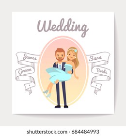 Vintage wedding invitation card vector template with happy couple. Invitation to wedding with photo couple bride and groom illustration