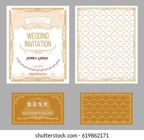 Vintage wedding invitation cards set with text and elegant beautiful ornament and decoration isolated vector illustration