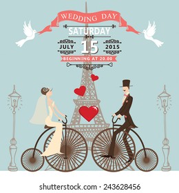 Vintage wedding invitation with Cartoon bride ,groom on retro bike with vignettes,ribbon,pigeons.Paris street,Eiffel tower,streetlight background.Cute design template.Vector illustration. 