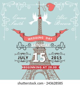 Vintage wedding invitation with Cartoon pigeons, swirling borders,ribbons.Paris street,Eiffel tower  background.Cute design template.Vector illustration.