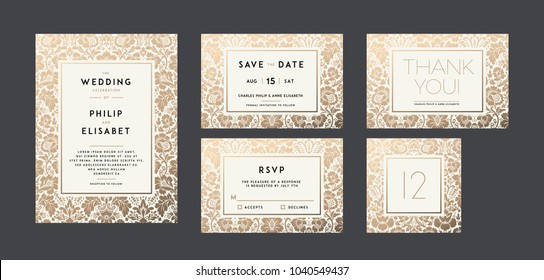 Vintage Wedding Invitation collection. Modern design. Wedding Invitation design with damask background. Tradition decoration for wedding. Vector illustration