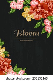 Vintage wedding invitation with colorful flowers on black background. Vector illustration.