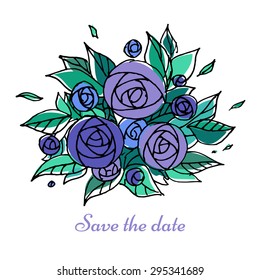 Vintage wedding invitation with colorful flowers. Vector illustration.