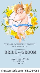 Vintage wedding invitation with cupid