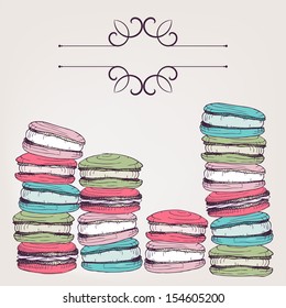 Vintage wedding invitation design with hand drawn macaroons. Save the date card.
