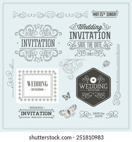 Vintage Wedding invitation design kit. Elements, ornaments, badges, Vector illustration.