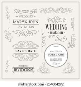 Vintage Wedding invitation design kit. Elements, ornaments, badges. Vector illustration.