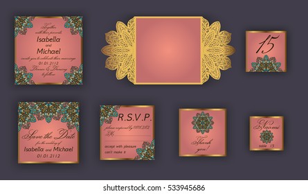 Vintage wedding invitation design set include Invitation card, Save the date, RSVP card, Thank you card, Table number, Place cards, Paper lace envelope. Wedding invitation mock-up for laser cutting.