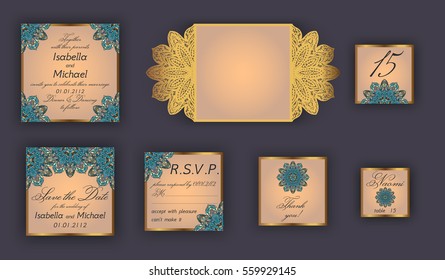 Vintage wedding invitation design set include Invitation card, Save the date, RSVP card, Thank you card, Table number, Place cards, Paper lace envelope. Wedding invitation mock-up for laser cutting.
