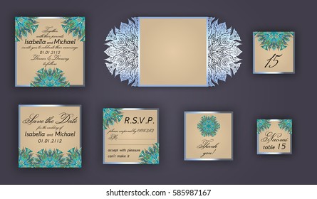 Vintage wedding invitation design set include Invitation card, Save the date, RSVP card, Thank you card, Table number, Place cards, Paper lace envelope. Wedding invitation mock-up for laser cutting.