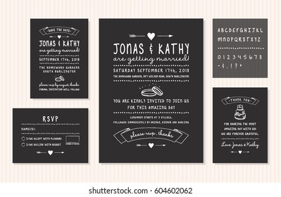 Vintage wedding invitation design set with Invitation card, Save the date, RSVP card and Thank you card, Including alphabet to make cards easy customizable.