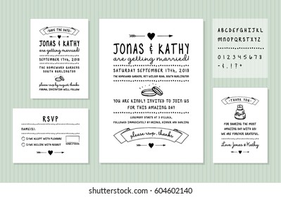 Vintage wedding invitation design set with Invitation card, Save the date, RSVP card and Thank you card, Including alphabet to make cards easy customizable.