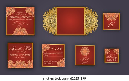Vintage wedding invitation design set include Invitation card, Save the date, RSVP card, Thank you card, Table number, Place cards, Paper lace envelope. Wedding invitation mock-up for laser cutting.
