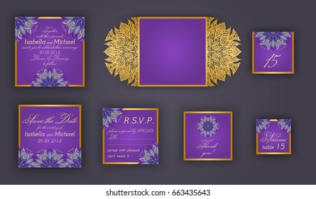 Vintage wedding invitation design set include Invitation card, Save the date, RSVP card, Thank you card, Table number, Place cards, Paper lace envelope. Wedding invitation mock-up for laser cutting.
