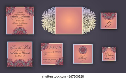 Vintage wedding invitation design set include Invitation card, Save the date, RSVP card, Thank you card, Table number, Place cards, Paper lace envelope. Wedding invitation mock-up for laser cutting.