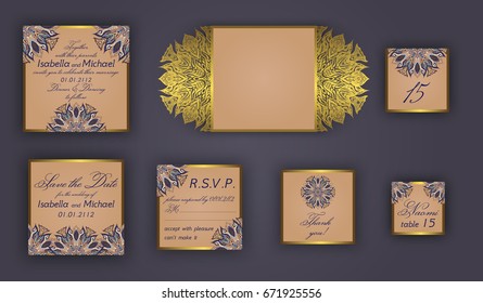 Vintage wedding invitation design set include Invitation card, Save the date, RSVP card, Thank you card, Table number, Place cards, Paper lace envelope. Wedding invitation mock-up for laser cutting.