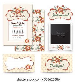 Vintage wedding invitation  design sets include Invitation card, Just married, Thank you card, Table number, photo frame. vector save the date design.