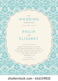 Vintage Wedding Invitation design template with damask background. Tradition decoration for wedding. Vector illustration