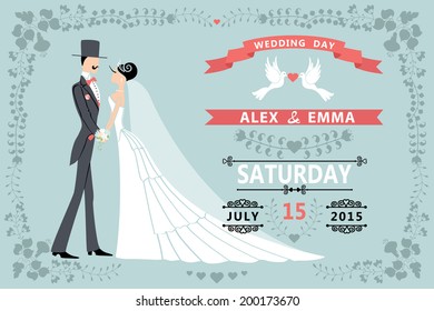 Vintage wedding invitation design template.Cartoon pigeons, Bride, groom ,floral frame and ribbons.For Invitation, save the date card.Vector illustration.Retro style.