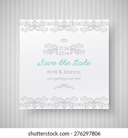 vintage wedding invitation of floral ornament on paper page with shadow and cardboard texture