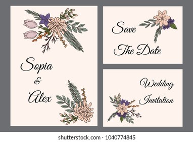 Vintage wedding invitation floral template. Vector illustration