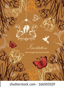 vintage wedding invitation with flower,butterfly and bird