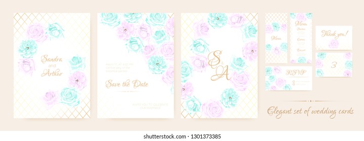 Vintage Wedding Invitation, Flowers Background, Roses Bouquet for Decoration. Greeting Card Template for Wedding Ceremony. Vector Floral Frame or Border. Delicate Wedding Invitation in Pastel Colors.