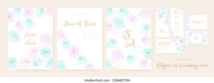 Vintage Wedding Invitation, Flowers Background, Roses Bouquet for Decoration. Greeting Card Template for Wedding Ceremony. Vector Floral Frame or Border. Delicate Wedding Invitation in Pastel Colors.