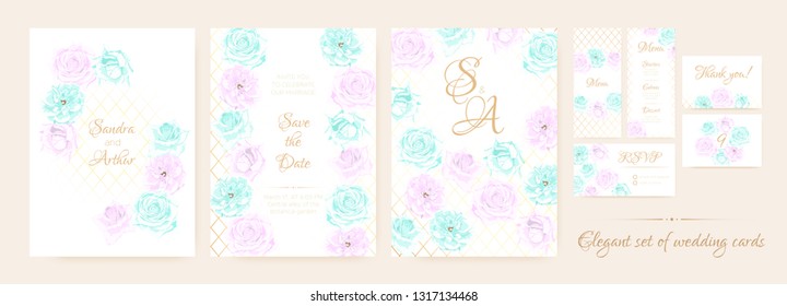 Vintage Wedding Invitation, Flowers Background, Roses Bouquet for Decoration. Greeting Card Template for Wedding Ceremony. Vector Floral Frame or Border. Delicate Wedding Invitation in Pastel Colors.