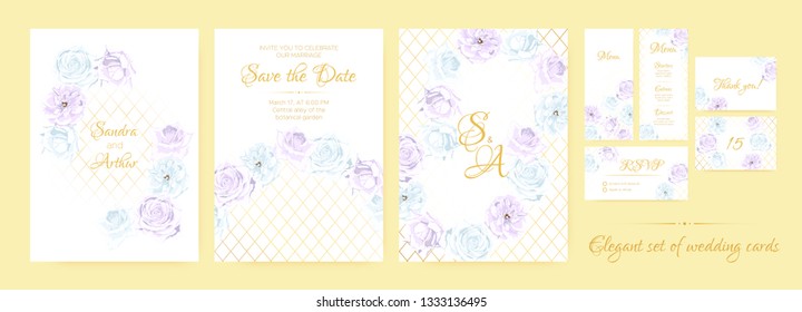 Vintage Wedding Invitation, Flowers Background, Roses Bouquet for Decoration. Greeting Card Template for Wedding Ceremony. Vector Floral Frame or Border. Delicate Wedding Invitation in Pastel Colors.