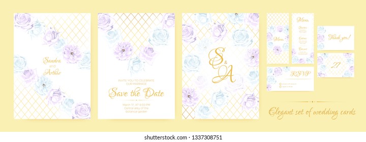 Vintage Wedding Invitation, Flowers Background, Roses Bouquet for Decoration. Greeting Card Template for Wedding Ceremony. Vector Floral Frame or Border. Delicate Wedding Invitation in Pastel Colors.