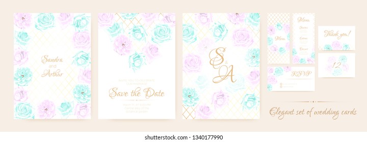 Vintage Wedding Invitation, Flowers Background, Roses Bouquet for Decoration. Greeting Card Template for Wedding Ceremony. Vector Floral Frame or Border. Delicate Wedding Invitation in Pastel Colors.